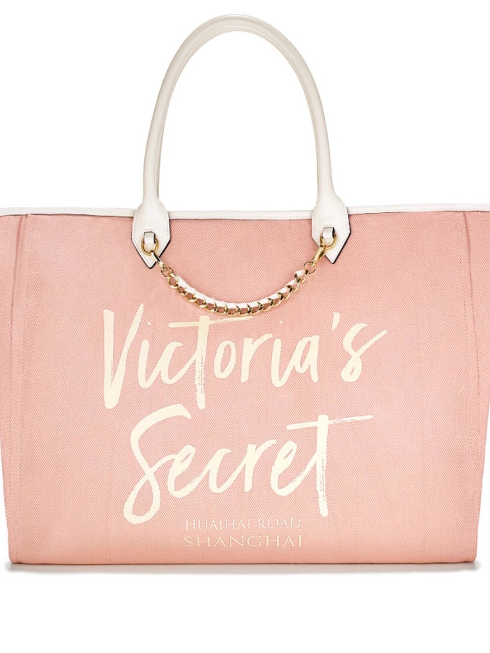 Victoria's Secret Shanghai Pink Tote with Cream Handles and Gold Chain Accent